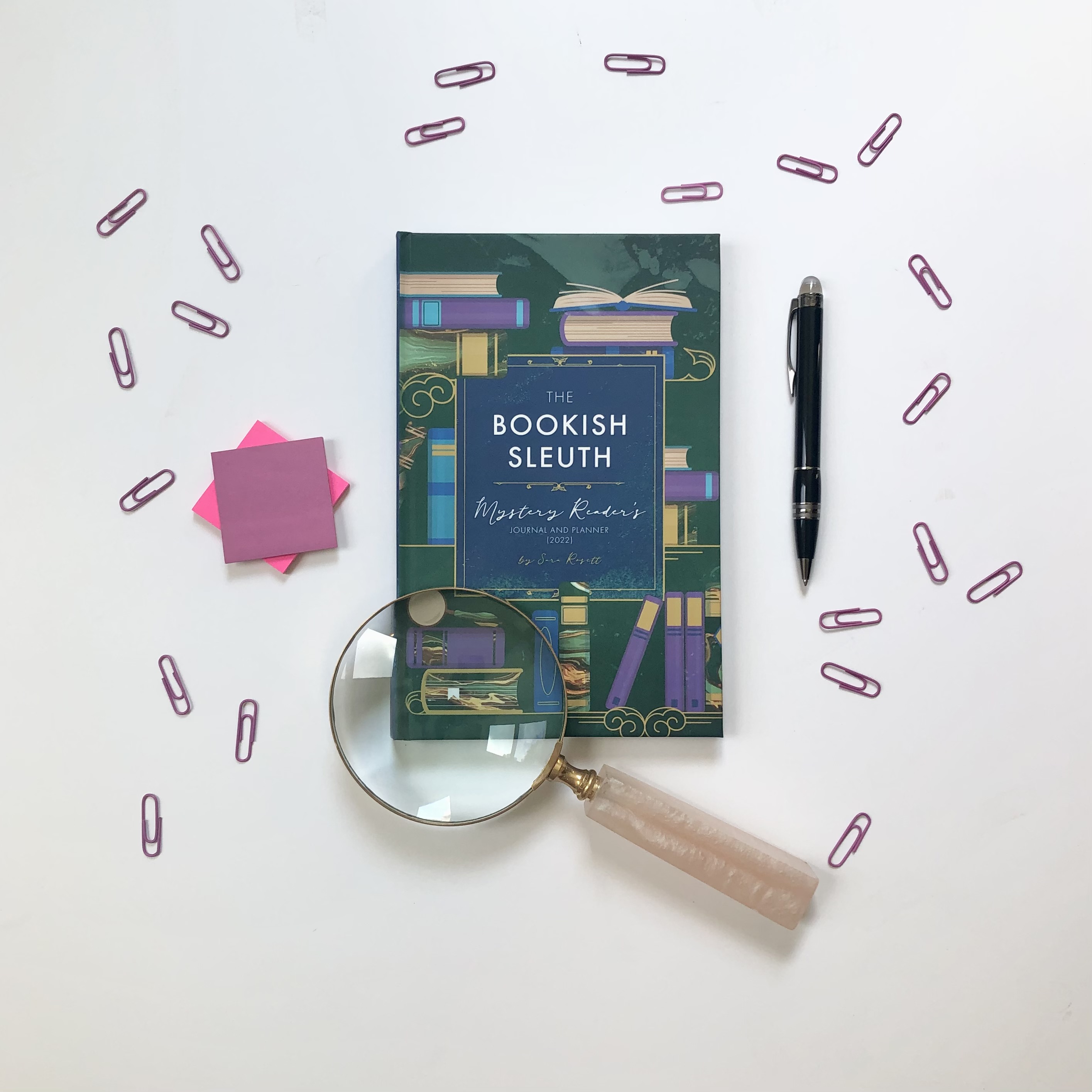 The Bookish Sleuth Cover with Magnifying Glass and Pen
