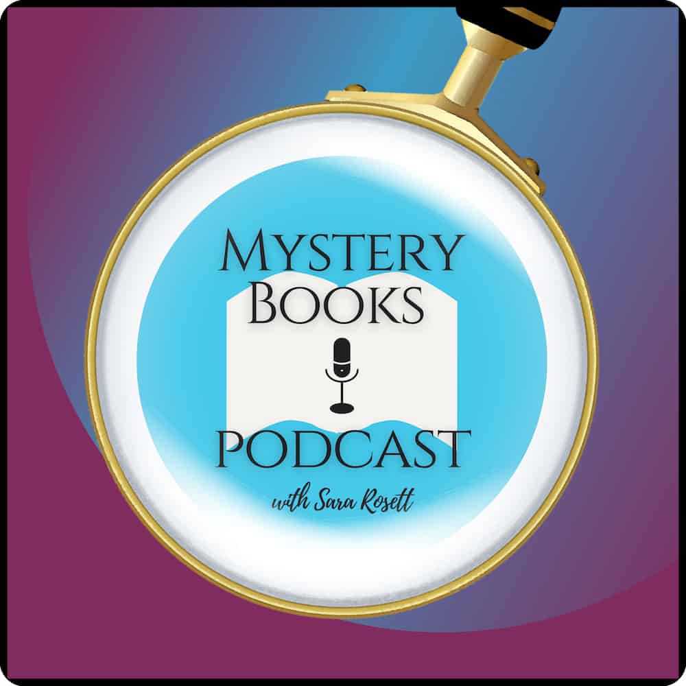 Magnifying glass and book with text Mystery Books Podcast 