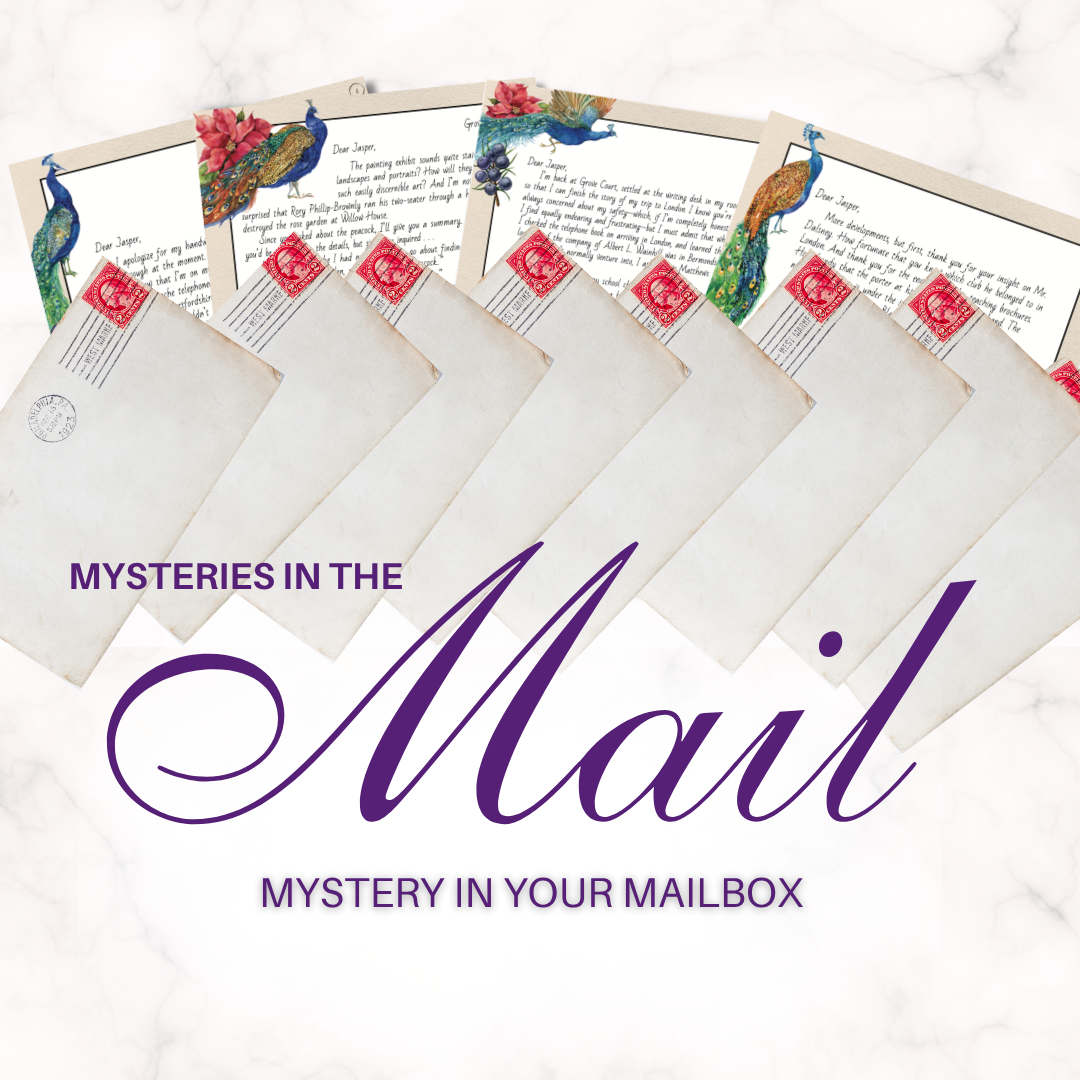 Letters - Envelopes Full-color letters and envelopes with stamps on a white background with the text"Mysteries in the Mail. Mystery in your mail."